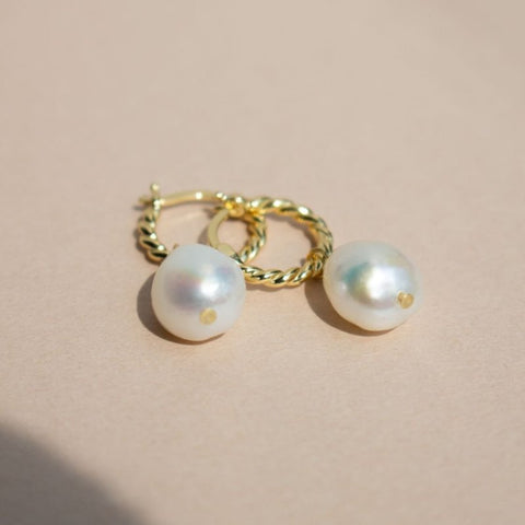 Dangling Pearl earrings twisted hoop Vermeil gold plated on sterling 
