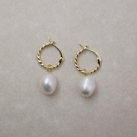 Dangling Pearl earrings twisted hoop Vermeil gold plated on sterling 