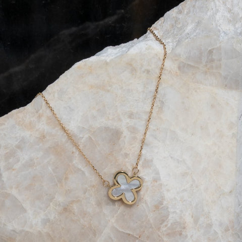 Necklace 10K Solid Gold Mother of Pearl Clover