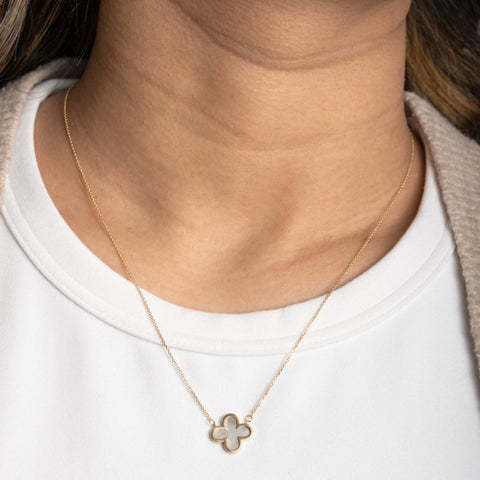 Necklace 10K Solid Gold Mother of Pearl Clover