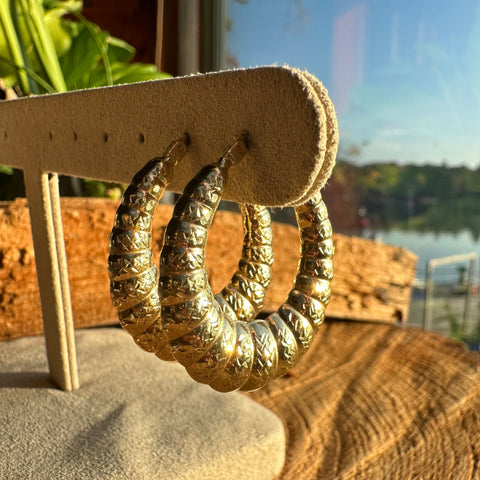 2 Hoop Earrings 10K Gold Puffy Diamond cut Bamboo