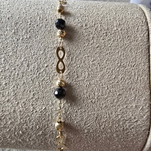 Solid Gold 10K dainty bracelet 3x8mm infinity charm with 3mm onyx bead  diamond cut bead