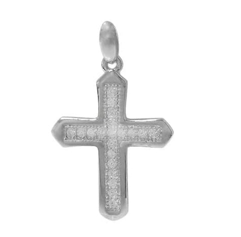 5 Rhodium plated on Sterling Silver flat Cross pendant with faceted stone size 21mm L x 17 mm W x 1.5 mm T