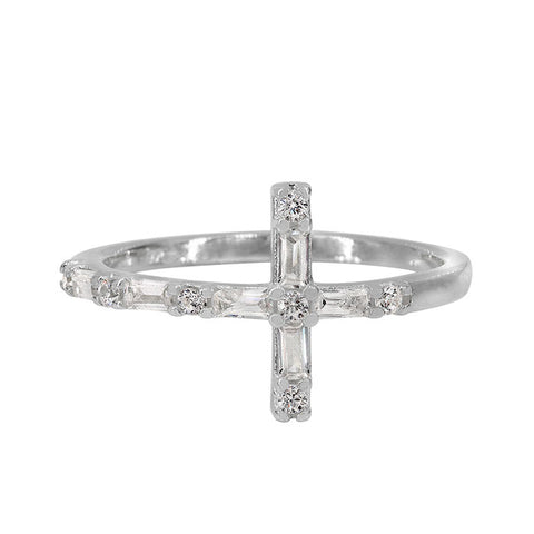 11 Sterling Silver with rhodium 12x20mm Cross ring with CZ Cubic Zirconia 1.5 mm beaded band