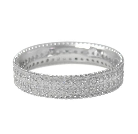 8 Sterling Silver with rhodium, cubic zirconia eternity ring with 5mm width band.