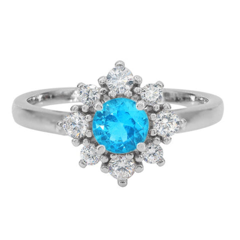14 Sterling Silver with rhodium 11 mm flower ring 2mm band Blue cubic zirconia