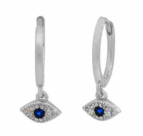 Sterling Silver with rhodium, 6x4mm Evil Eye earrings with 12mm hoop