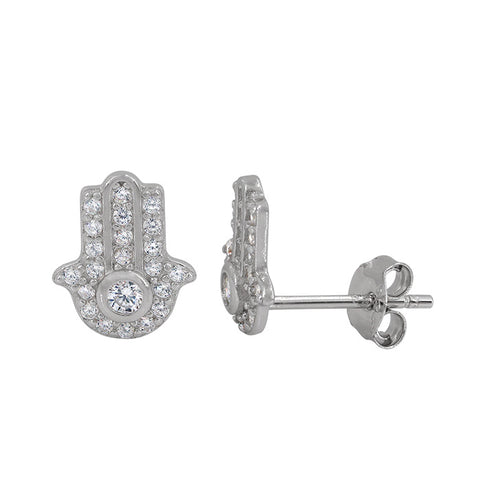 Stud Sterling Silver Earrings, Hamsa CZ