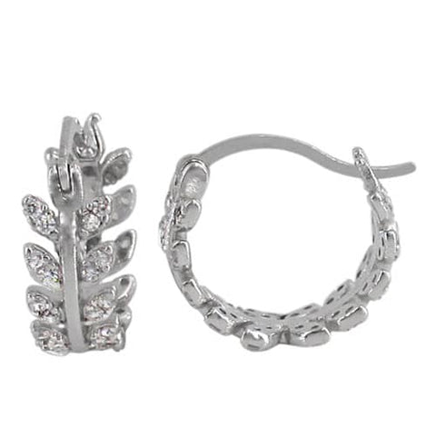 6 Sterling Silver with rhodium cubic zirconia leaf style hoop 5x15mm 
