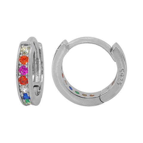 5 Sterling Silver with rhodium 12mm round hoop earrings with colourful cubic  zirconia hoops 2mm thickness