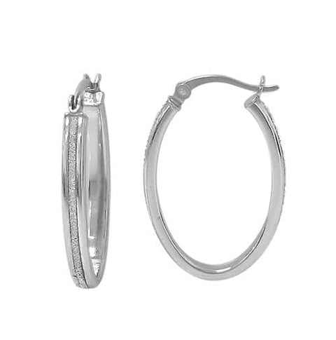 6 Rhodium plated on Sterling Silver, oval shape hoop earrings with stardust finish Medium