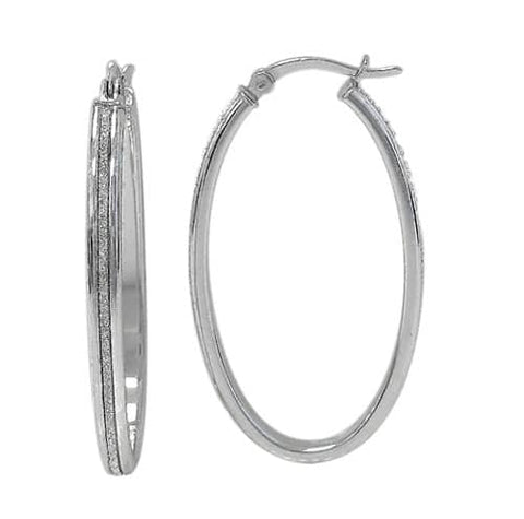 8 Rhodium plated on Sterling Silver Oval shape hoop earrings with stardust finish 38mm 22mmX3mm