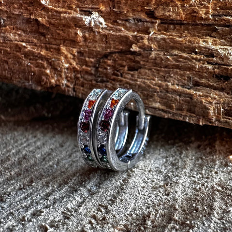 2 Sterling Silver with rhodium 12mm round hoop earrings with colourful cubic  zirconia hoops 2mm thickness