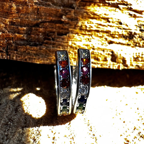 3 Sterling Silver with rhodium 12mm round hoop earrings with colourful cubic  zirconia hoops 2mm thickness