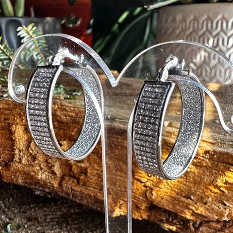 Rhodium plated on Sterling Silver  stardust finish hoop earrings 25mm diameter 6.5mm thickness