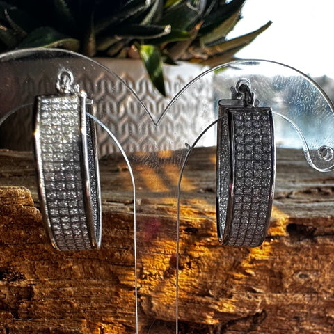 3 Rhodium plated on Sterling Silver  stardust finish hoop earrings 25mm diameter 6.5mm thickness