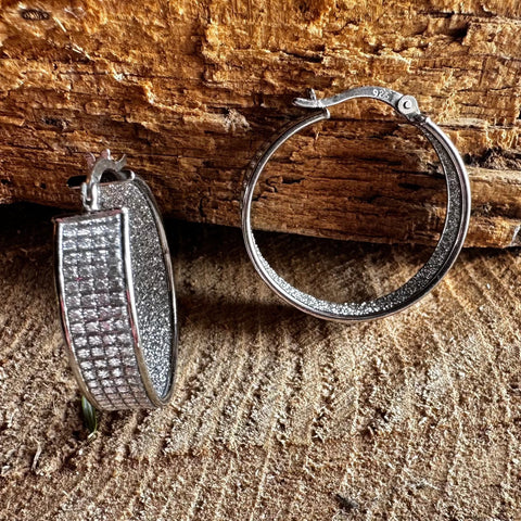4 Rhodium plated on Sterling Silver  stardust finish hoop earrings 25mm diameter 6.5mm thickness