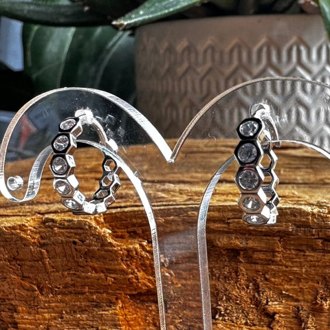 4 Sterling Silver with rhodium hexagon shape earrings with cubic zirconia 3x15mm outer diameter