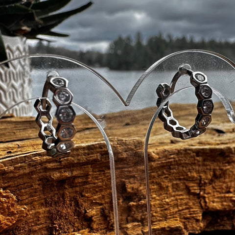5 Sterling Silver with rhodium hexagon shape earrings with cubic zirconia 3x15mm outer diameter