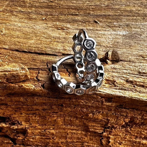 6 Sterling Silver with rhodium hexagon shape earrings with cubic zirconia 3x15mm outer diameter