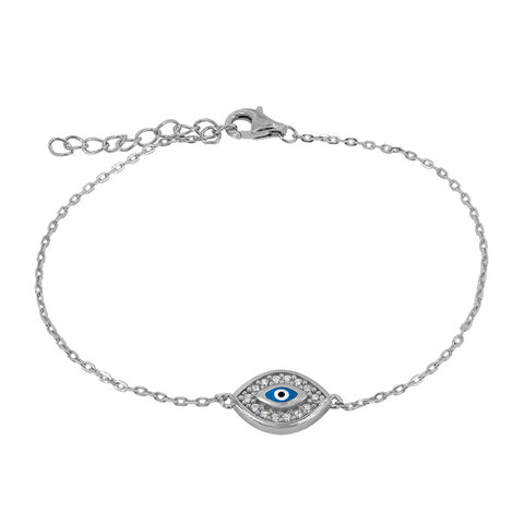 5 Sterling Silver with rhodium, 8x12mm evil eye bracelet with cubic zirconia 7" + 1"