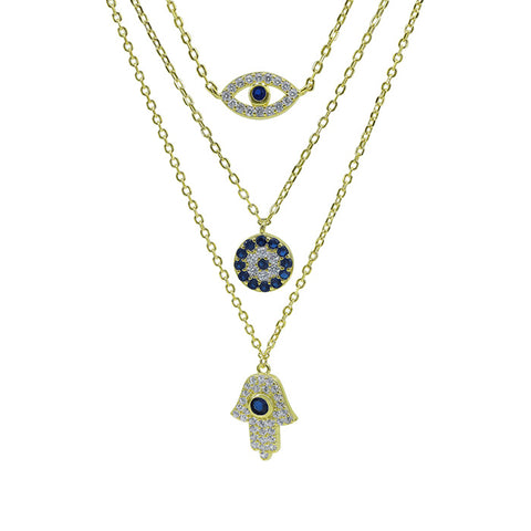 Necklace HARPER Vermeil Gold-Plated Triple Layer Golden Protection Hamsa & Evil Eye