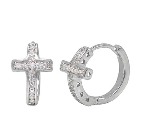 Sterling Silver Cross Hoop Earrings with Cubic Zirconia – 9x16mm Rhodium-Plated Hoops 1