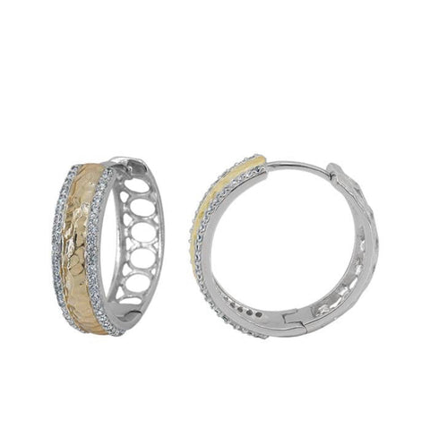 Sterling Silver 2 tone round hoop earrings with cubic zirconia 5x20mm outer diameter 1