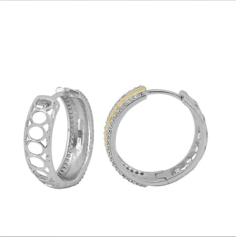 Sterling Silver 2 tone round hoop earrings with cubic zirconia 5x20mm outer diameter 2