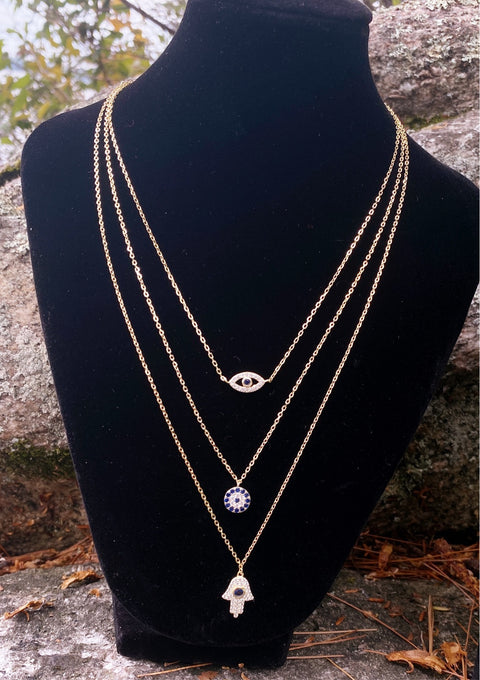 4 Necklace HARPER Vermeil Gold-Plated Triple Layer Golden Protection Hamsa & Evil Eye