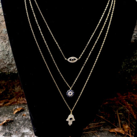3 Necklace HARPER Vermeil Gold-Plated Triple Layer Golden Protection Hamsa & Evil Eye
