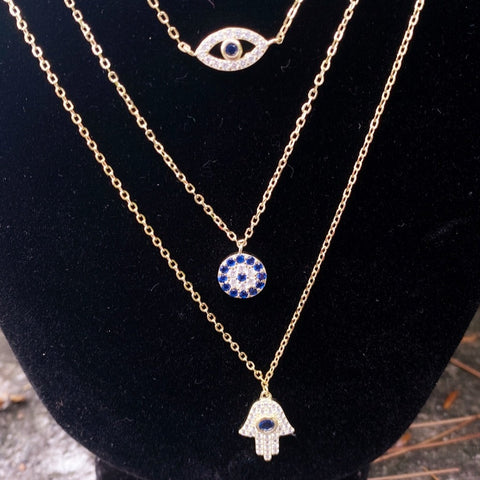 2 Necklace HARPER Vermeil Gold-Plated Triple Layer Golden Protection Hamsa & Evil Eye